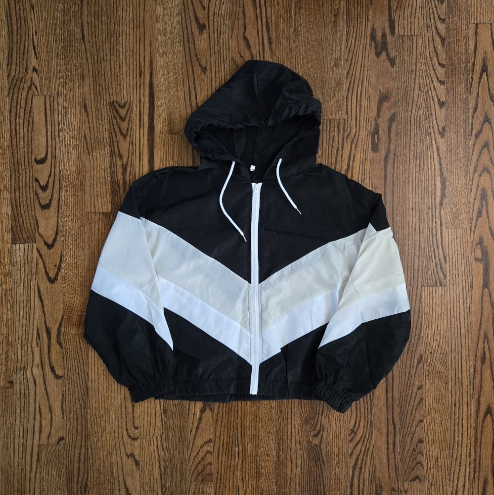 Contrast zip up windbreaker jacket, black white tan/beige, size M, y2k hoodie